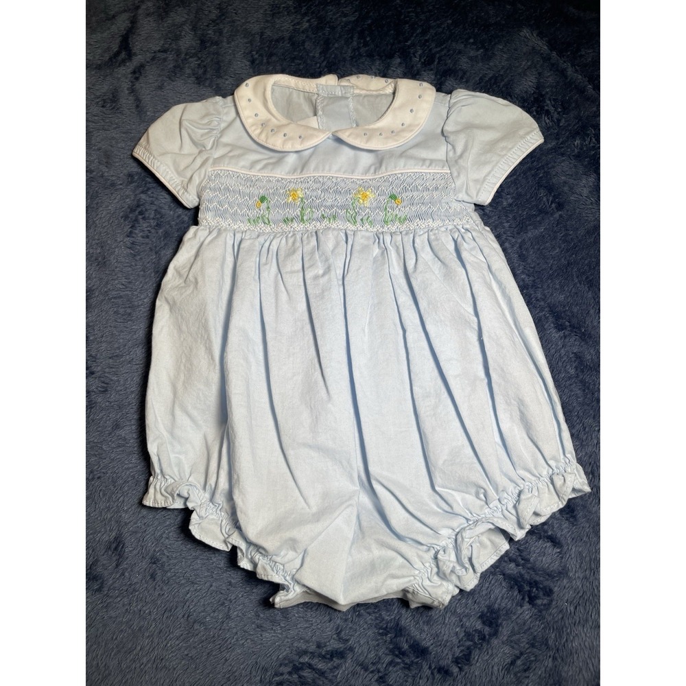 Little English Baby Girl Smock Embroidered Light Blue Floral Romper 3M - Cotton